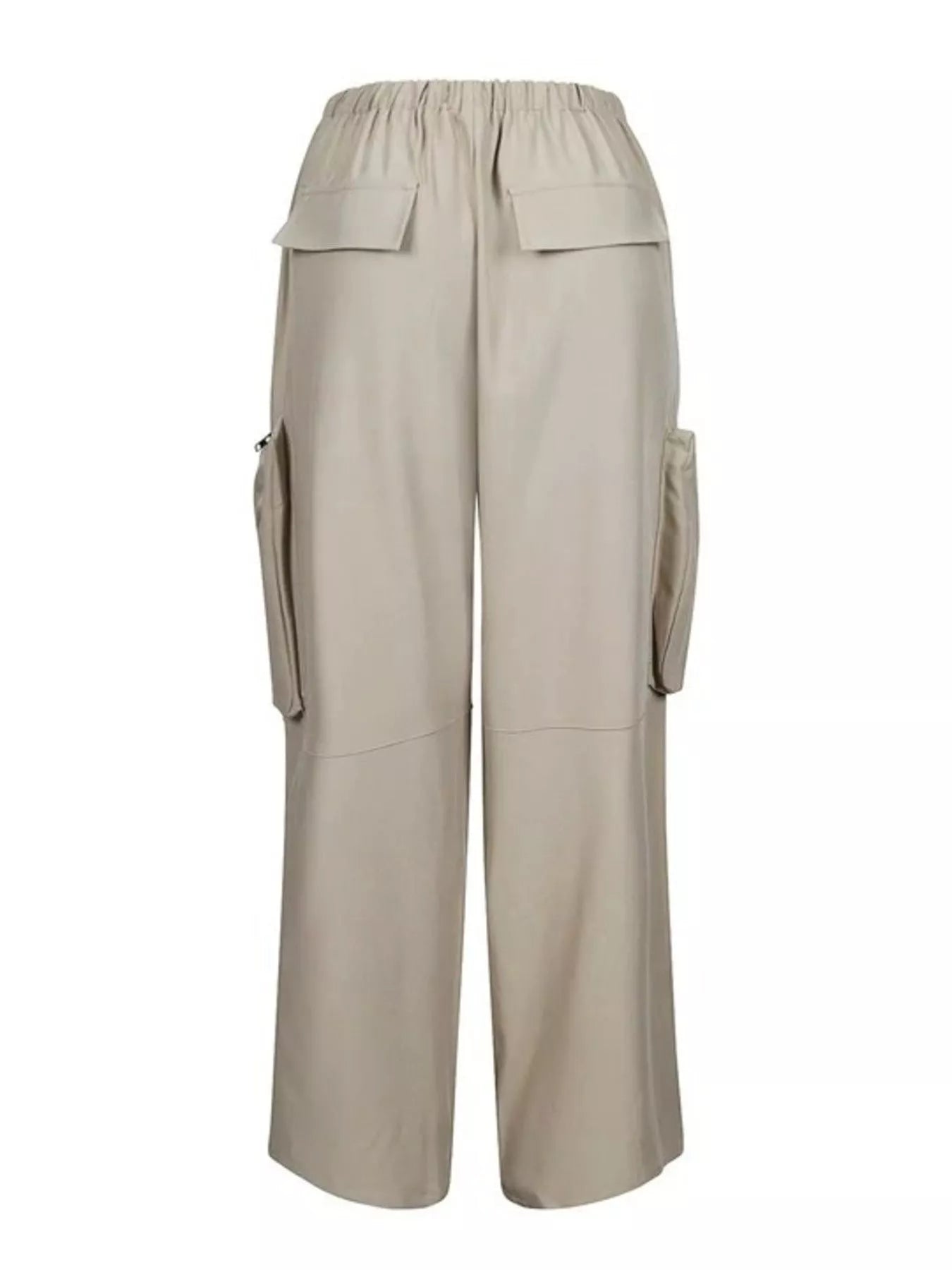 A pair of wide-leg cargo pants in a light beige or khaki color, featuring an elastic waistband, flap cargo pockets on the sides, and utility pockets on the upper thighs, shown against a plain white background.