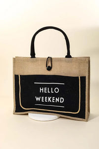 Jute bag with a black pocket displaying 'Hello Weekend' on a beige background
