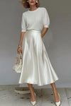 Womens Below Knee Flowy High Waist Satin A-Line Midi Skirt