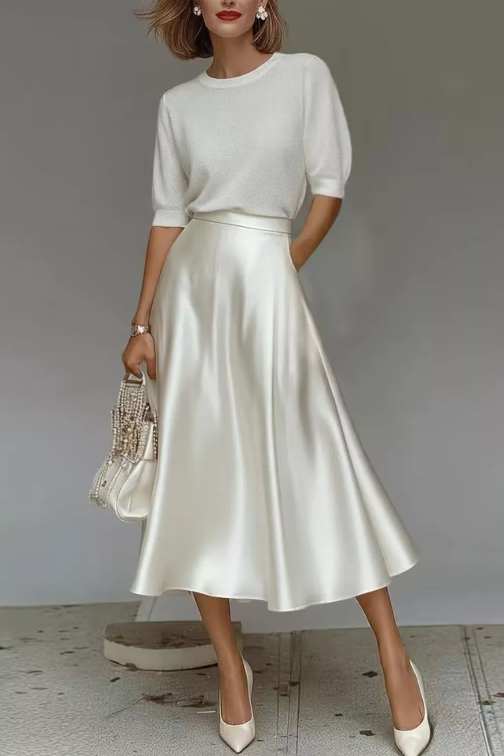 Woman wearing a white top and satin skirt with a neutral background