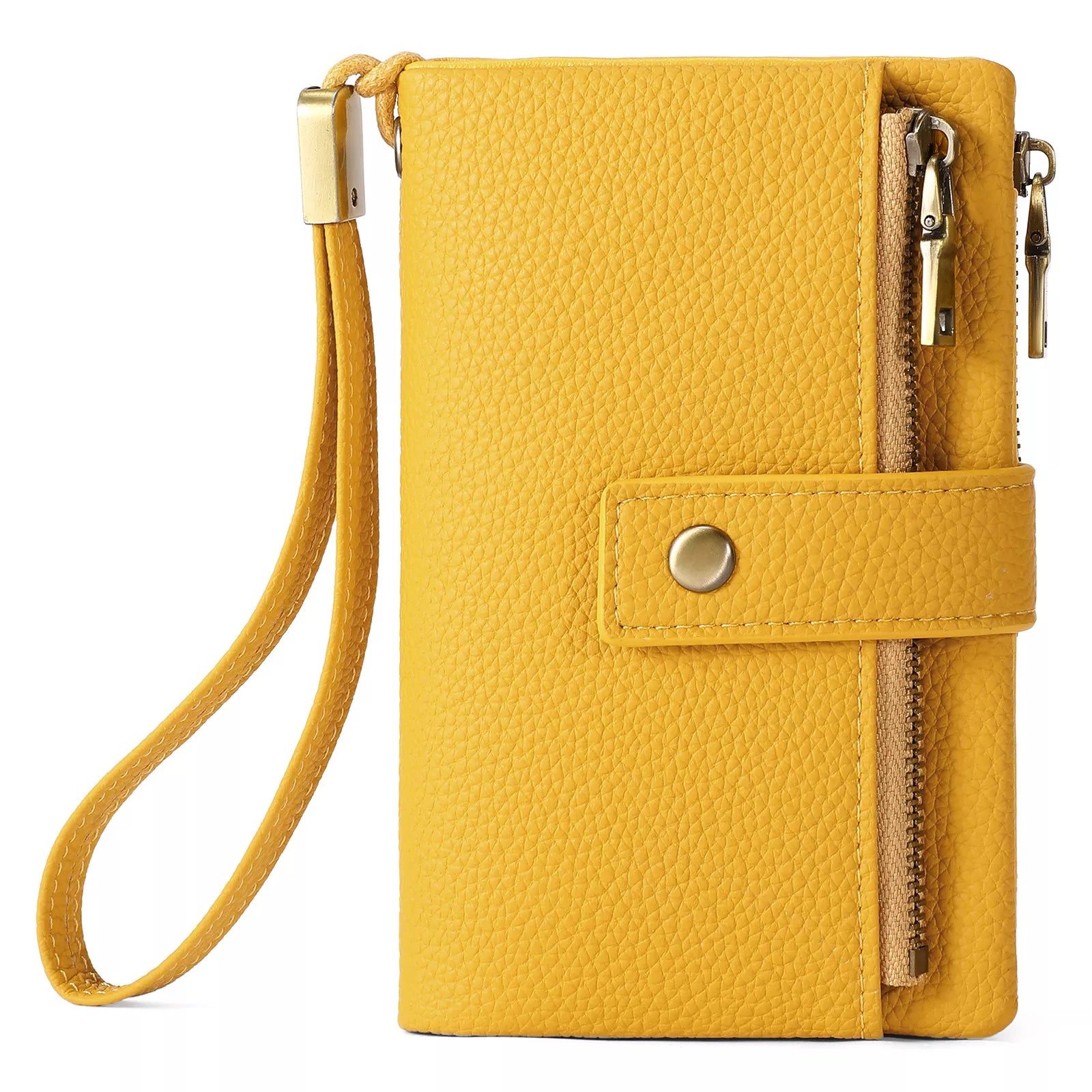 Yellow wallet with a strap on a white background