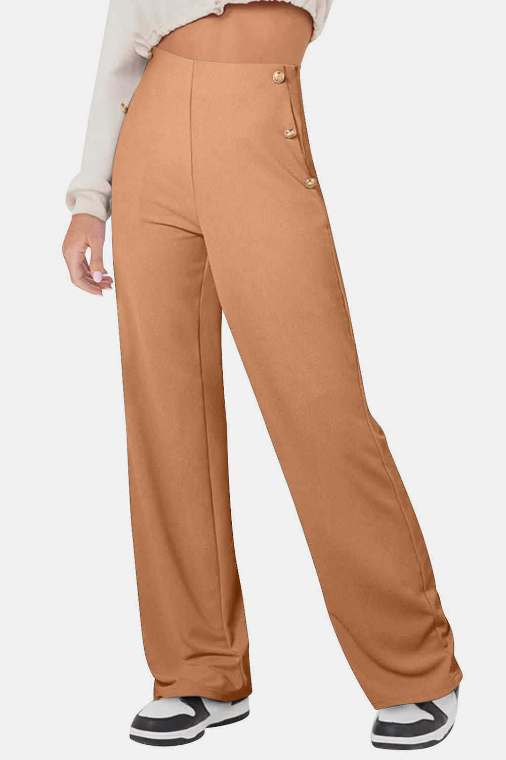 Front view of Decorative Button High Rise Pants