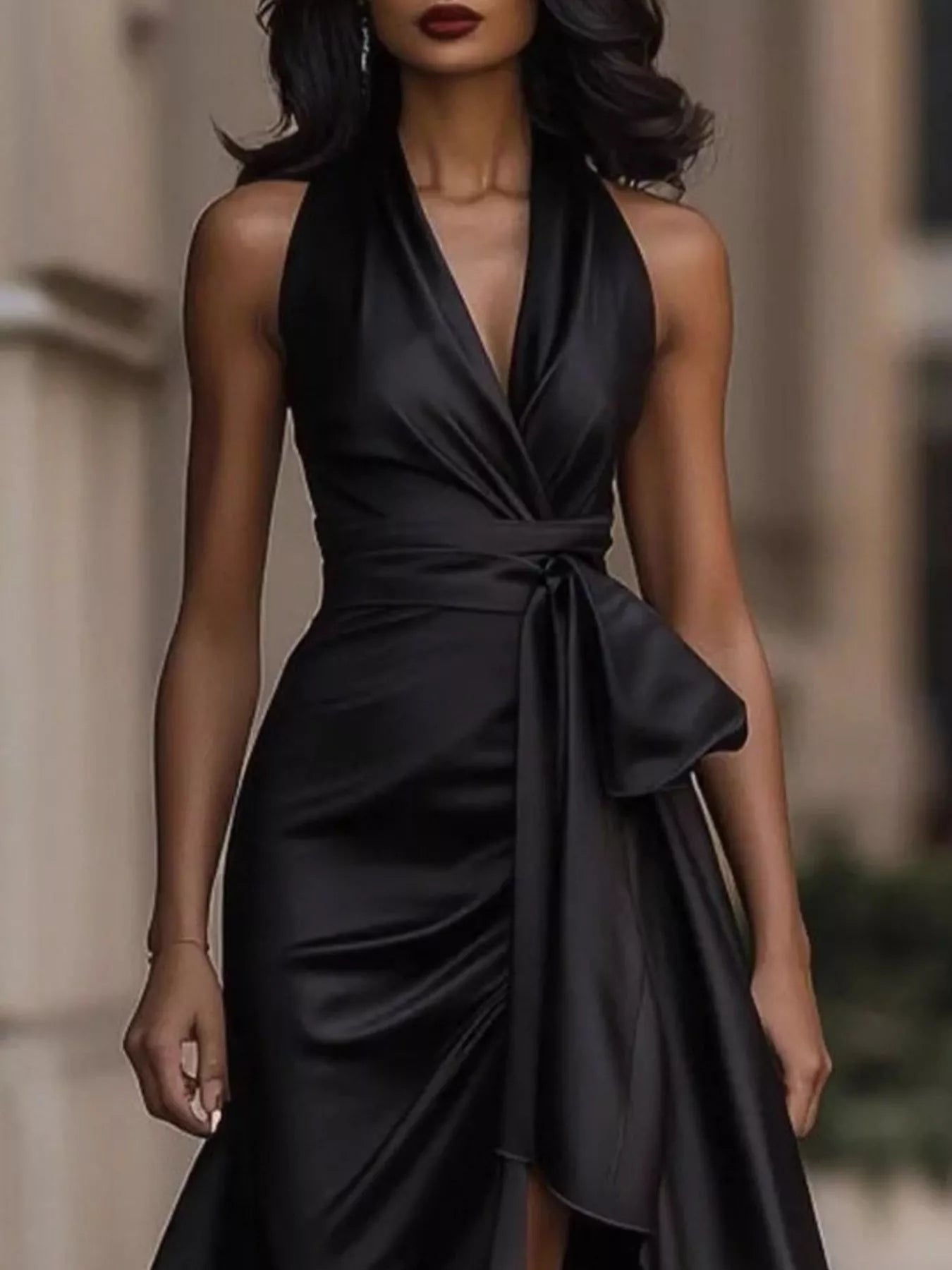 Woman wearing a black dress with a blurred background
