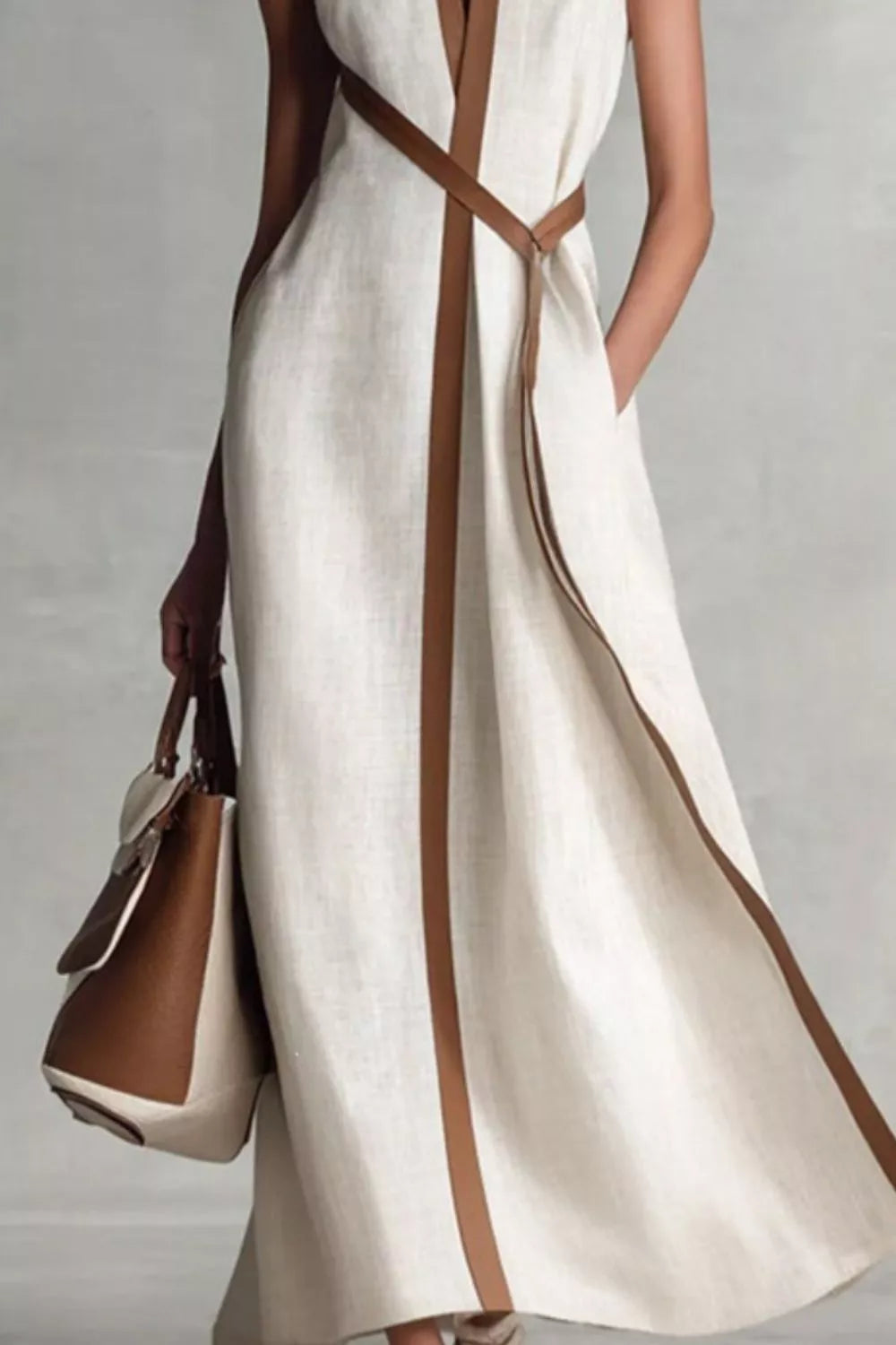 White dress with brown straps and a matching handbag on a gray background