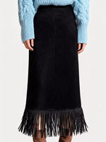 A full front view of black High-Waisted Fringe Midi Skirt