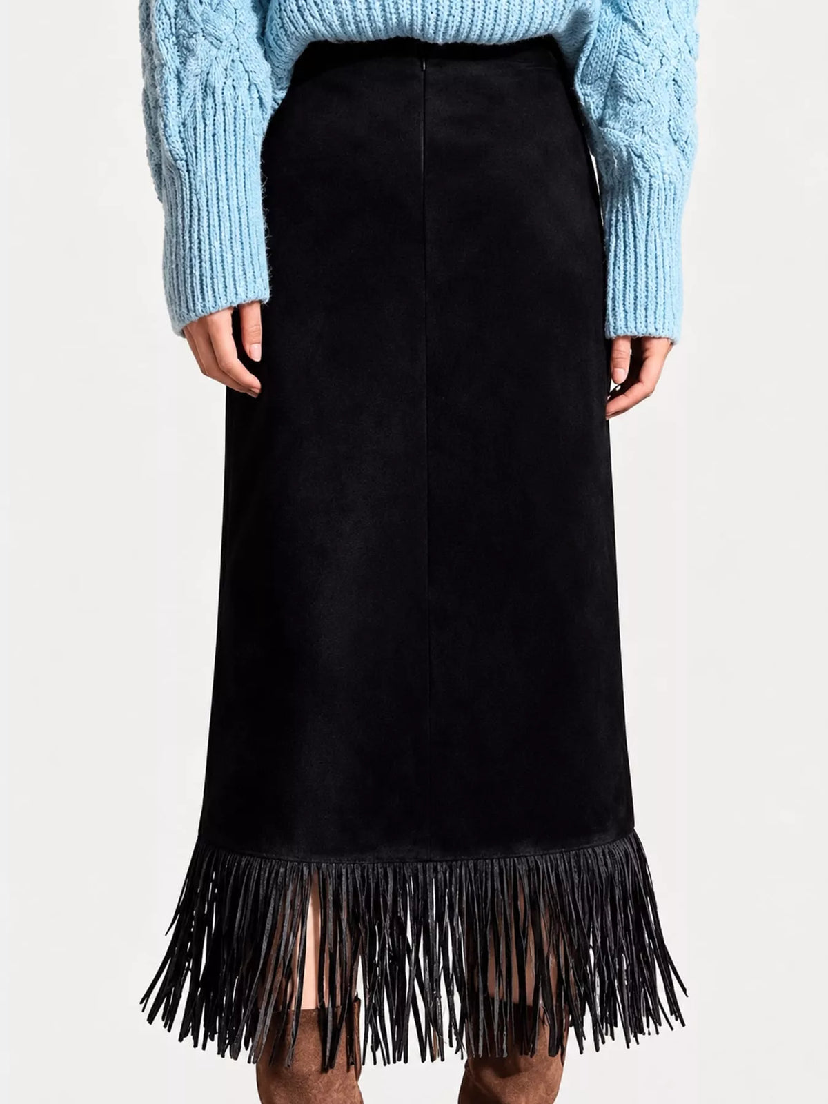 A full front view of black High-Waisted Fringe Midi Skirt