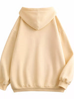 A light beige pullover hoodie shown from the back, featuring a simple center seam, ribbed cuffs, and a ribbed hem against a plain white background.