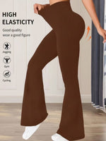 Brown flared pants worn by a person indoors with text about high elasticity and suitable activities.