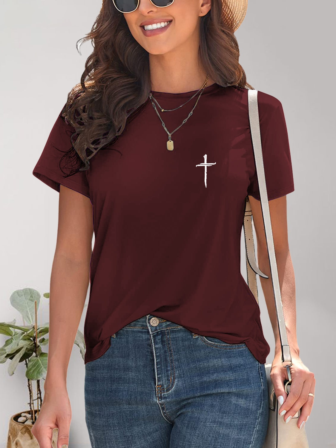 Burgundy Cross Graphic Round Neck T-Shirt