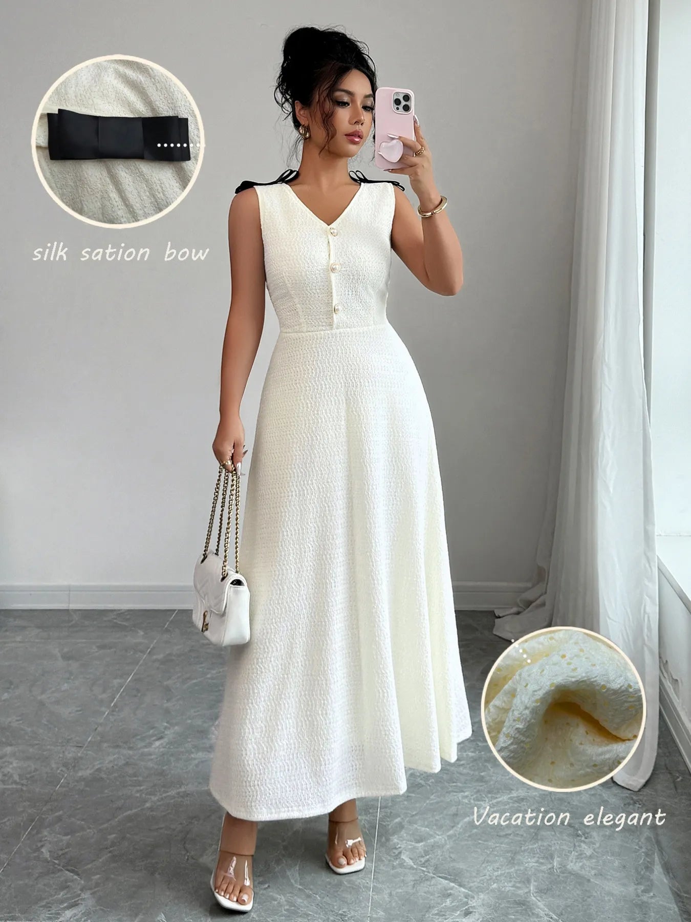 Woman in a white dress taking a mirror selfie with close-ups of fabric details.