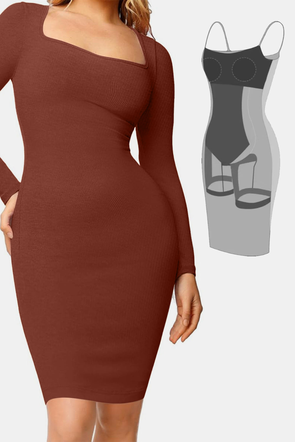 Burgundy Basic Bae Full Size Built-In Shapewear Square Neck Long Sleeve Dress