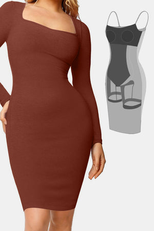 Burgundy Basic Bae Full Size Built-In Shapewear Square Neck Long Sleeve Dress