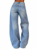 Wide-leg light blue denim jeans shown from the back on a model, featuring a faded wash and classic five-pocket design.