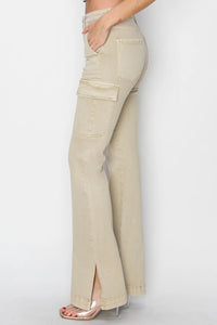 Beige cargo pants worn by a person on a white background