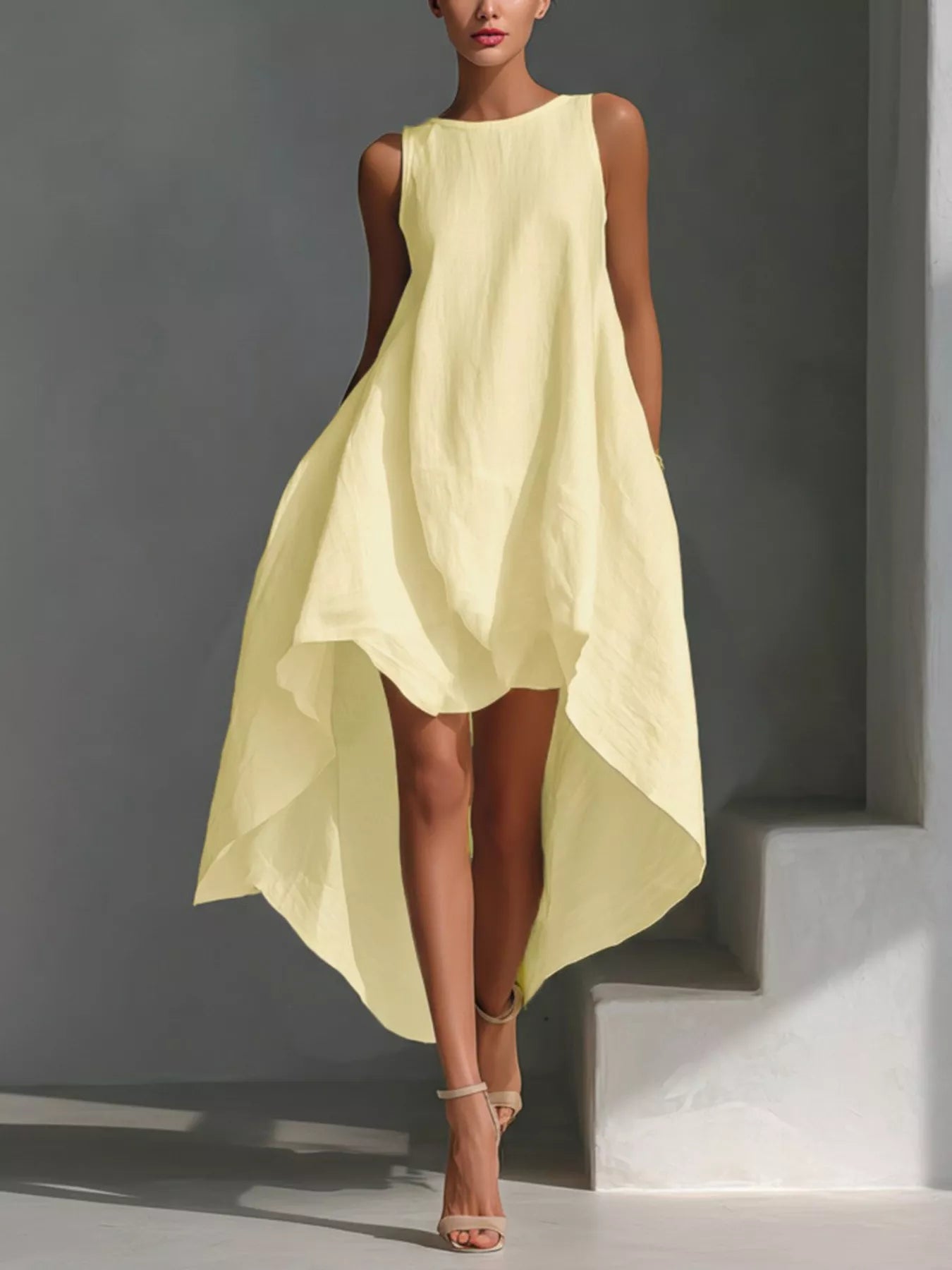 Woman wearing a light yellow dress against a gray background