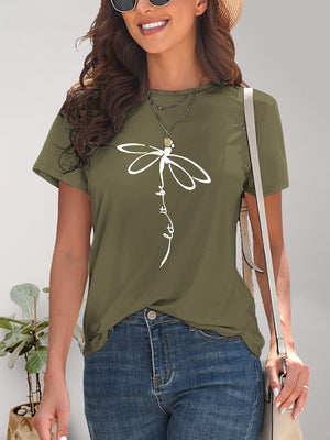 Front view of green Dragonfly Graphic Round Neck Short Sleeve T-Shirt
