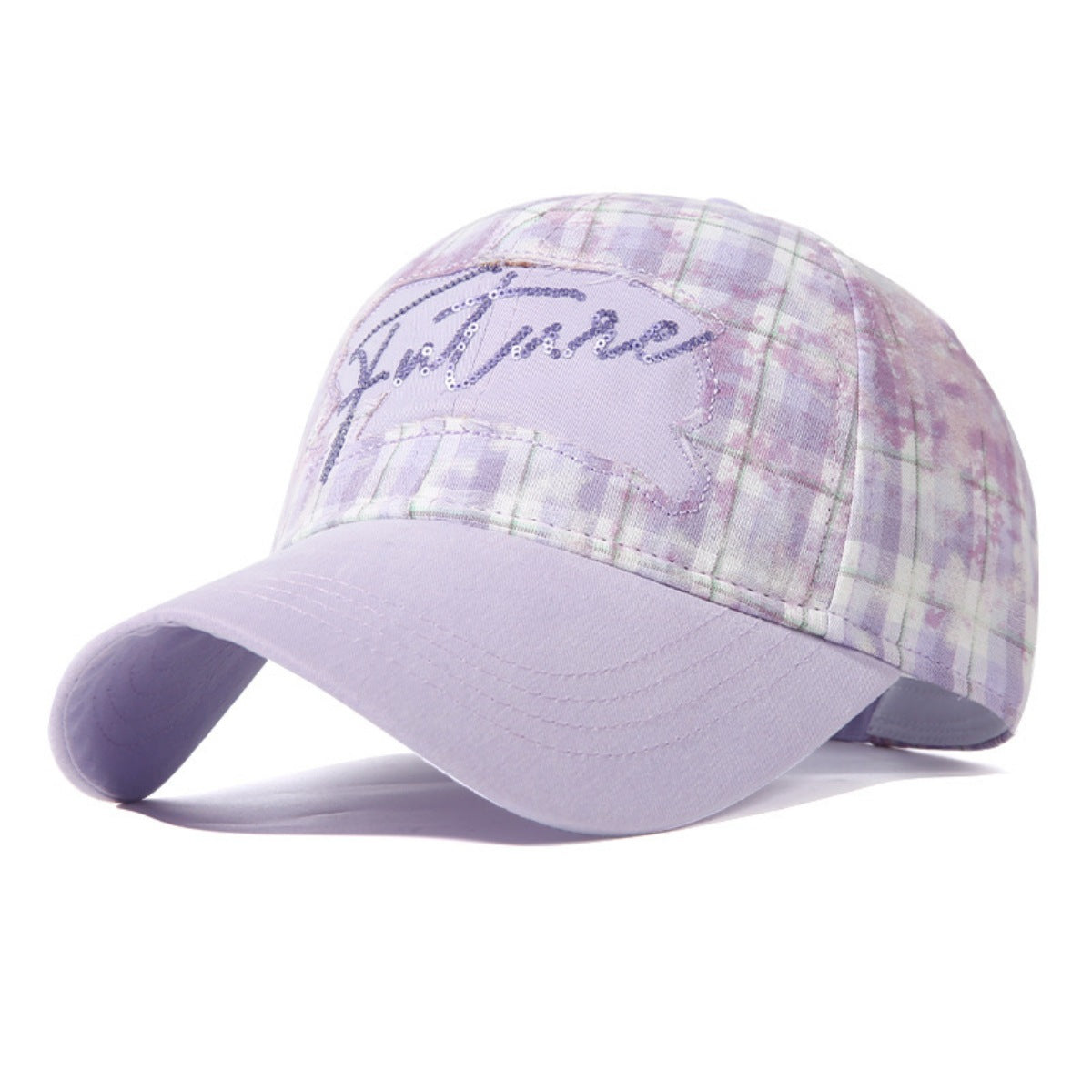 Purple plaid cap with 'Justine' embroidery on a white background