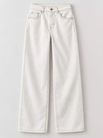 Off-white wide-leg denim jeans with a straight-to-slightly-flared leg, displayed flat against a light gray background.
