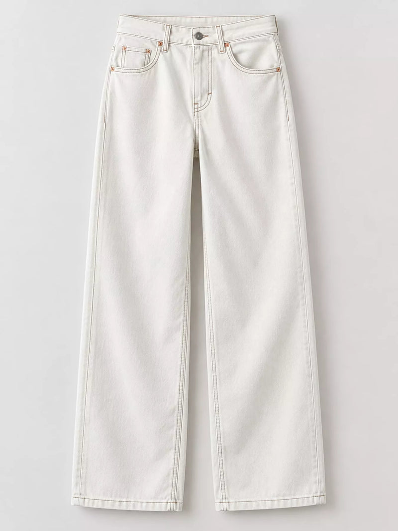 Off-white wide-leg denim jeans with a straight-to-slightly-flared leg, displayed flat against a light gray background.
