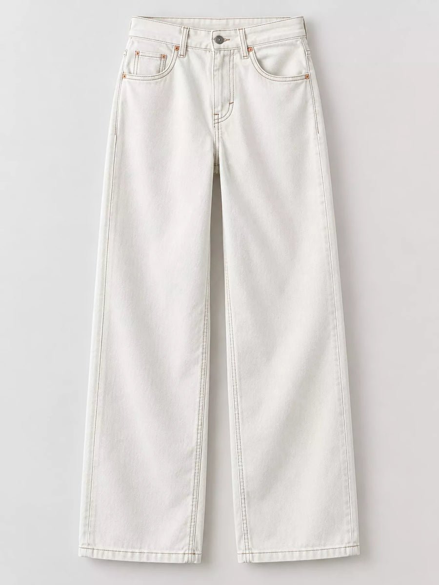 Off-white wide-leg denim jeans with a straight-to-slightly-flared leg, displayed flat against a light gray background.