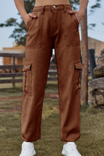 Brown cargo pants worn by a person outdoors with a blurred background