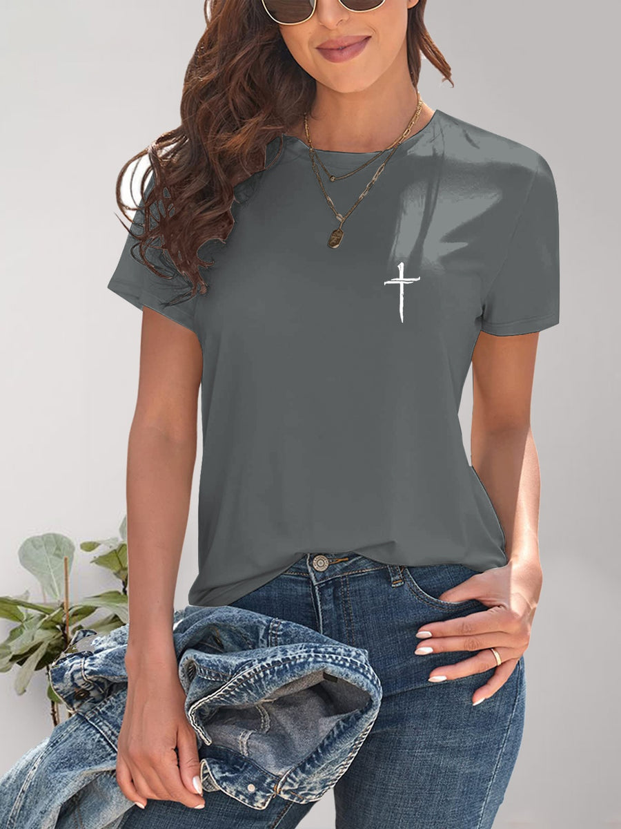 Front view of gray Cross Graphic Round Neck T-Shirt