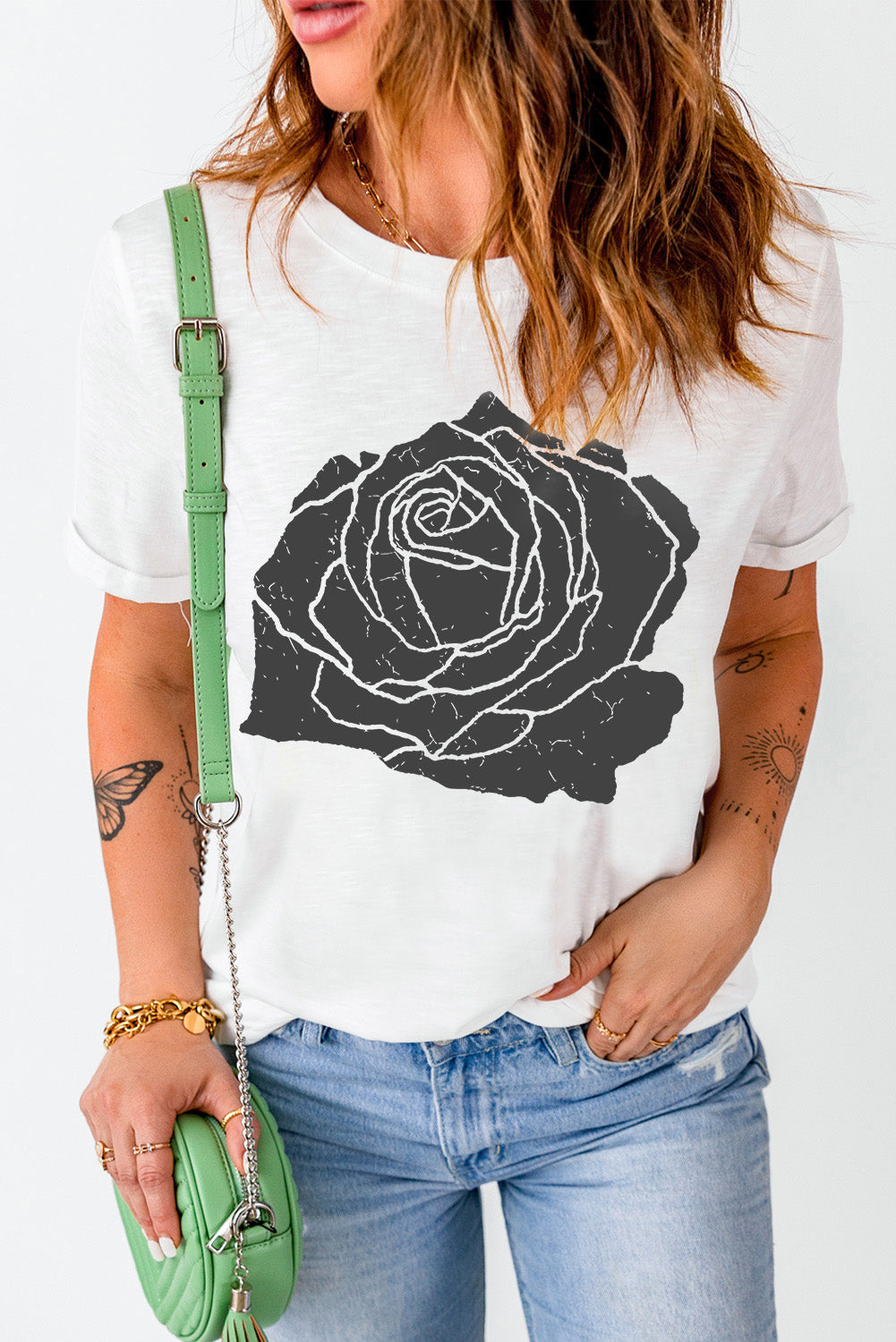 Close up view of Rose Graphic Round Neck Short Sleeve T-Shirt