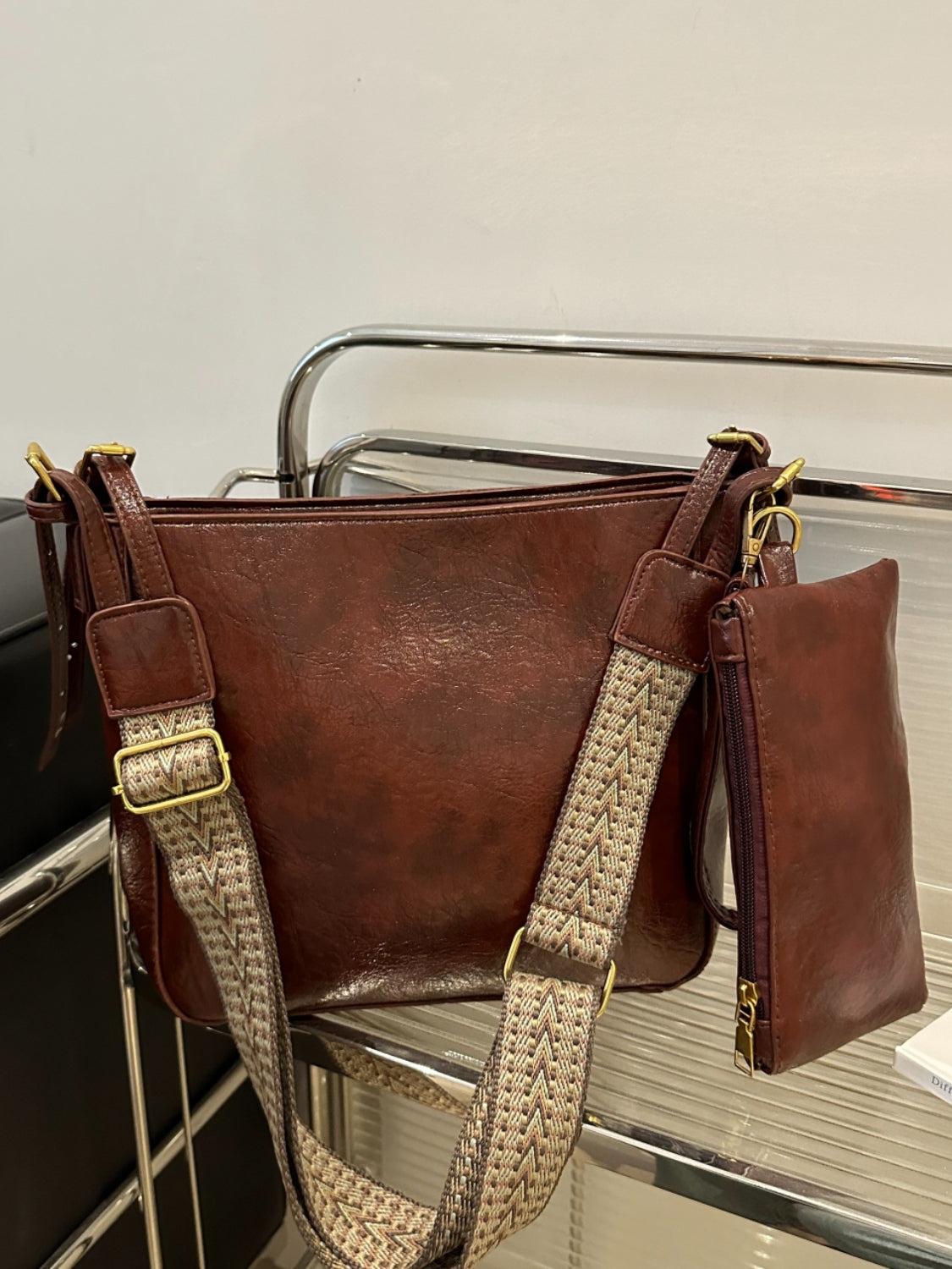 side view of light brown PU Leather Adjustable Strap Crossbody Bag with Pouch