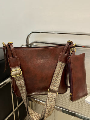 side view of light brown PU Leather Adjustable Strap Crossbody Bag with Pouch