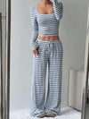 Striped Long Sleeve Crop Top and Wide Leg Pants Set