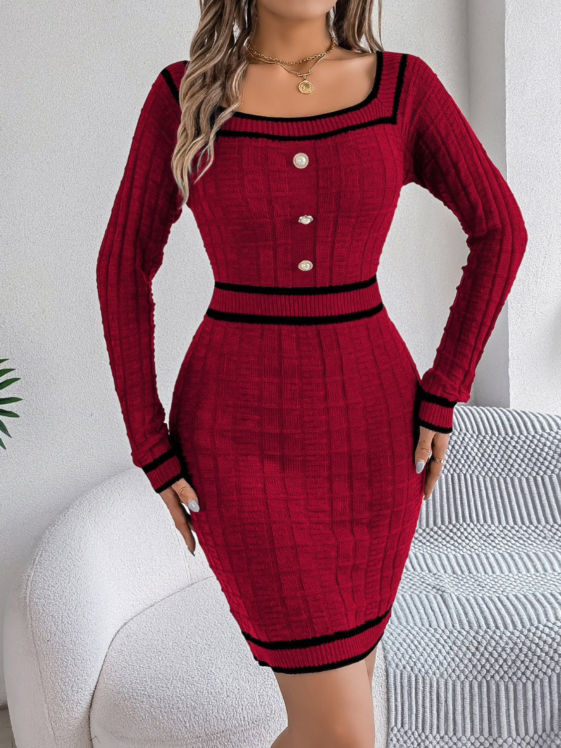 Front view of red Contrast Trim Long Sleeve Sweater Dress