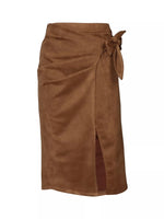 Brown suede wrap skirt with a tie on a white background