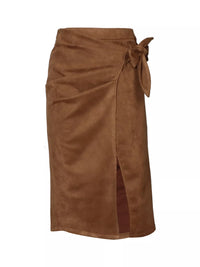 Brown suede wrap skirt with a tie on a white background