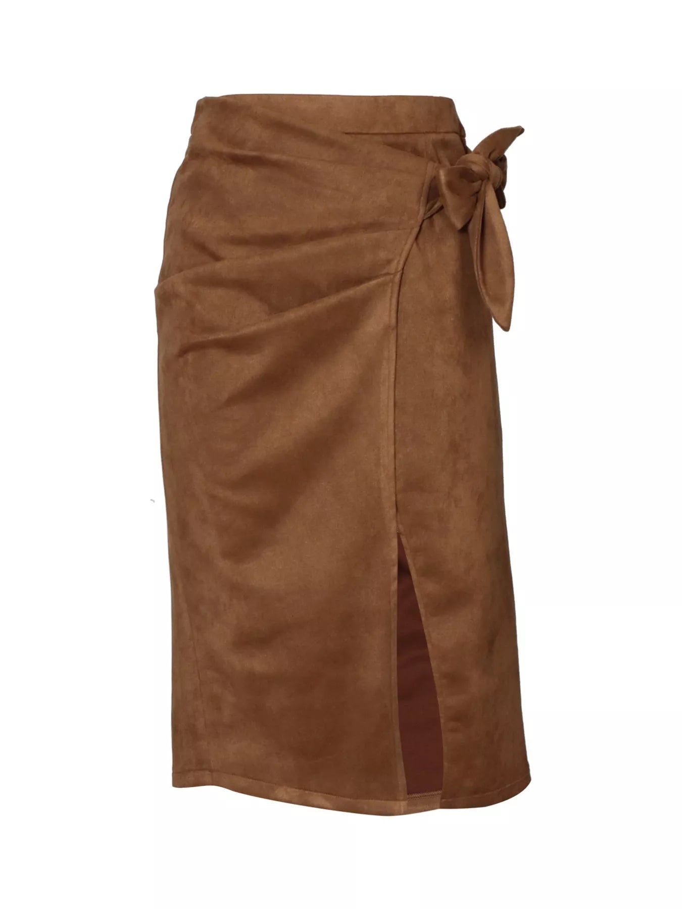 Brown suede wrap skirt with a tie on a white background