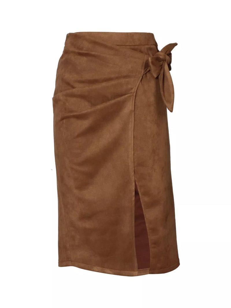 Brown suede wrap skirt with a tie on a white background