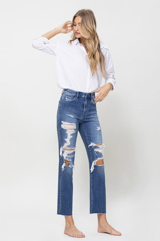 Distressed High Rise Ankle Relaxed Straight Jeans for mom
