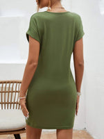 Back view of green Notched Short Sleeve Mini Tee Dress
