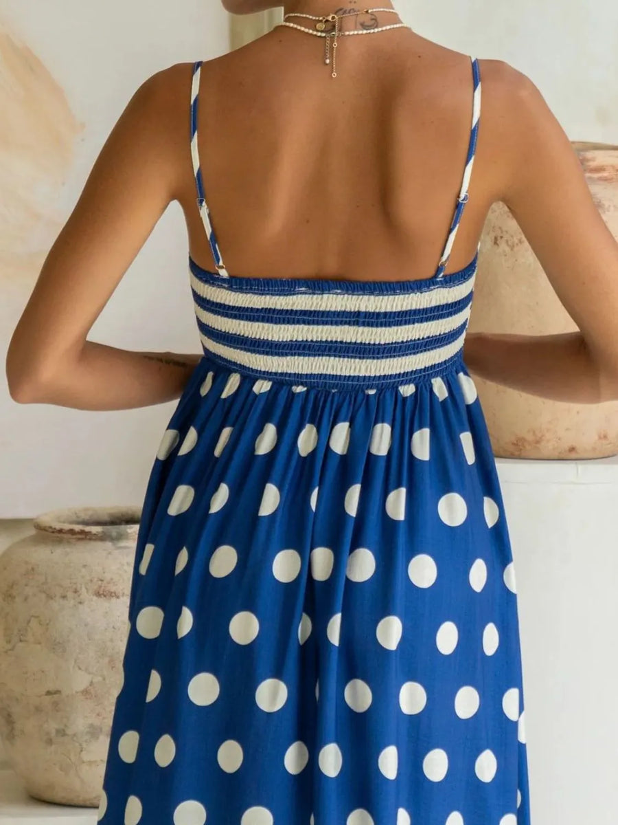 Back view of blue Polka Dot Square Neck Cami Dress