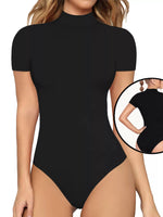 Black bodysuit worn by a model on a white background