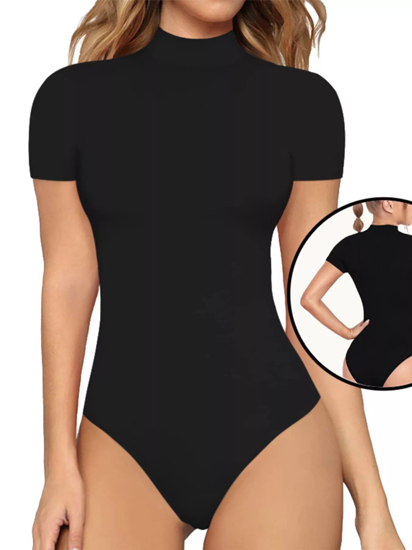 Black bodysuit worn by a model on a white background