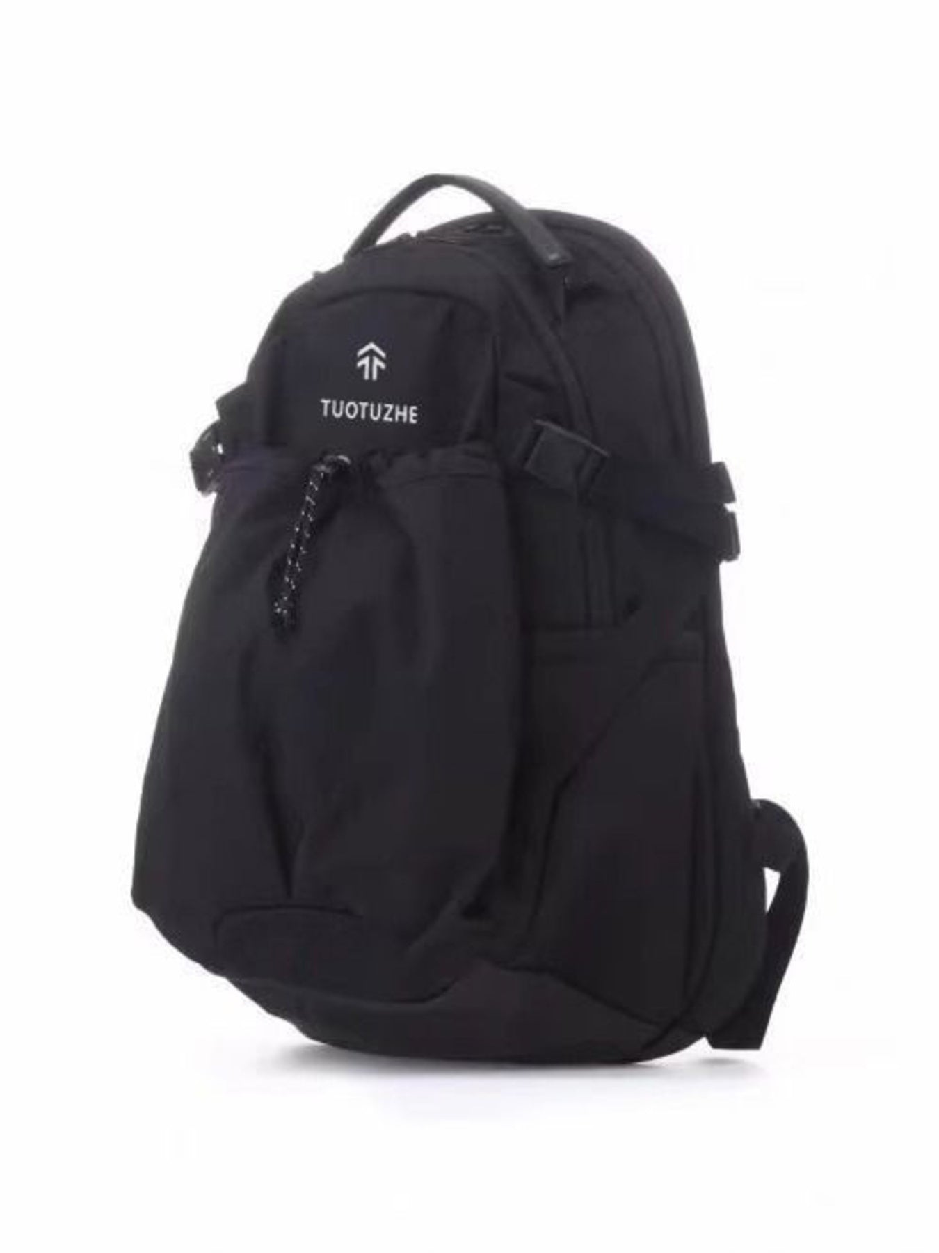 Black backpack with 'TUOTUZHE' branding on a white background
