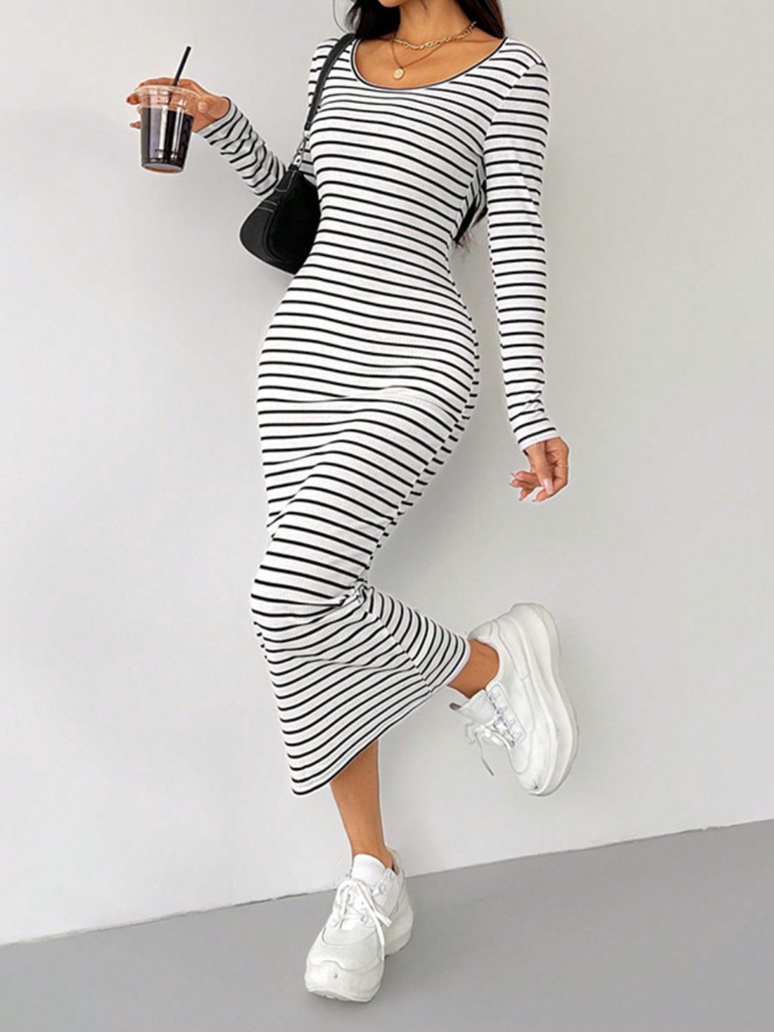 Front Striped Scoop Neck Long Sleeve Midi Tee Dress