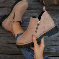 Beige ankle boots with gold zippers on a wooden floor