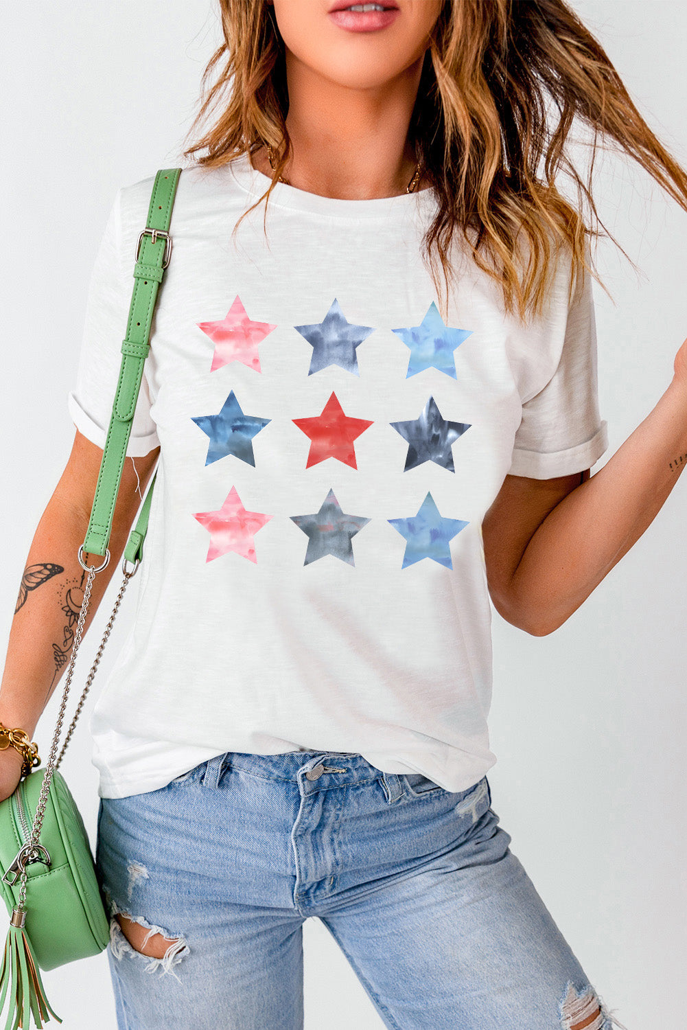 Front view of Star Round Neck Short Sleeve T-Shirt