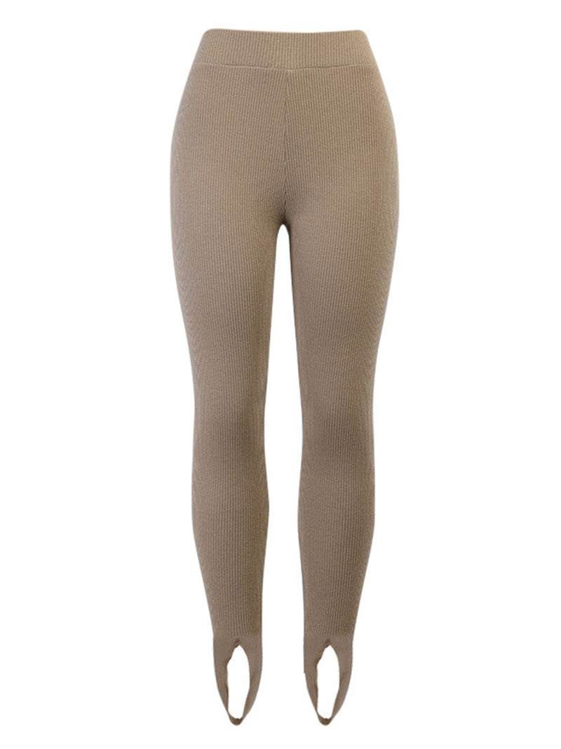 Beige ribbed leggings on a white background