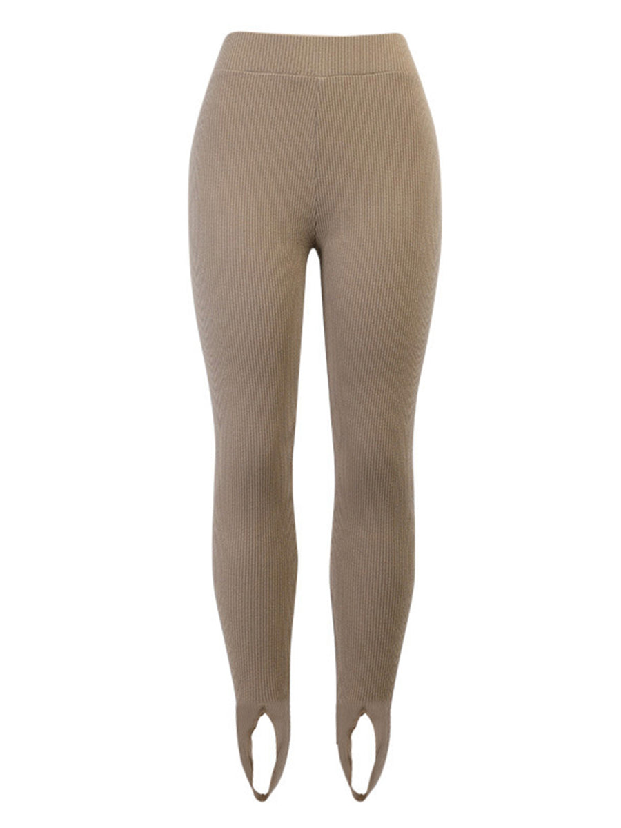 Beige ribbed leggings on a white background