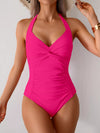 Women Full Slimming Twisted Front Halter Neck Ruched One-Piece Swimsuit