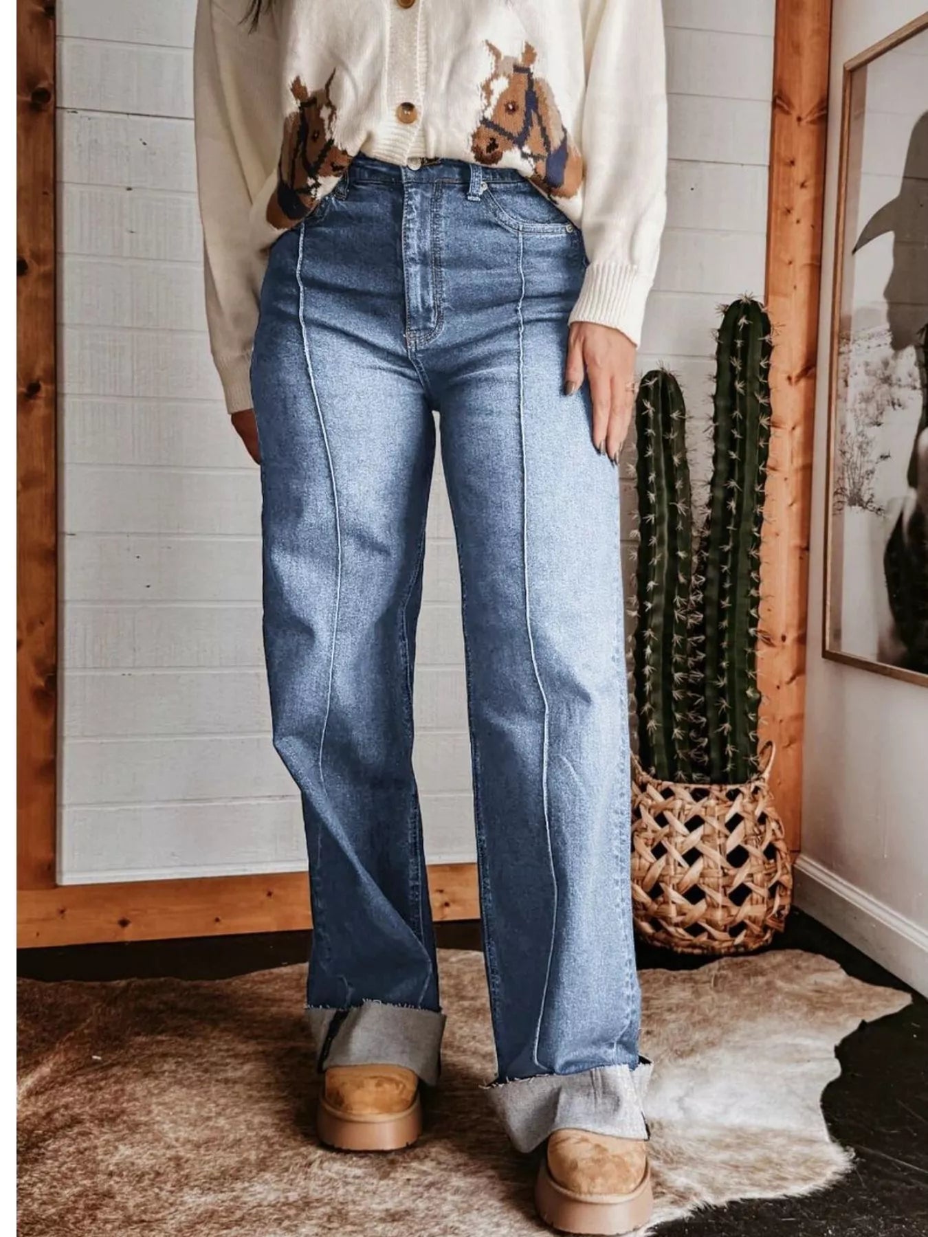 Person wearing blue jeans and a patterned shirt in a room with a cactus plant and framed picture.