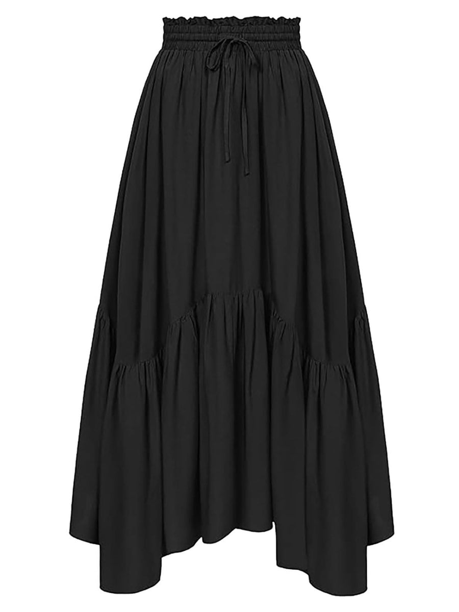 Full view of black Smocked Waist Band Ruched Layered Skirt