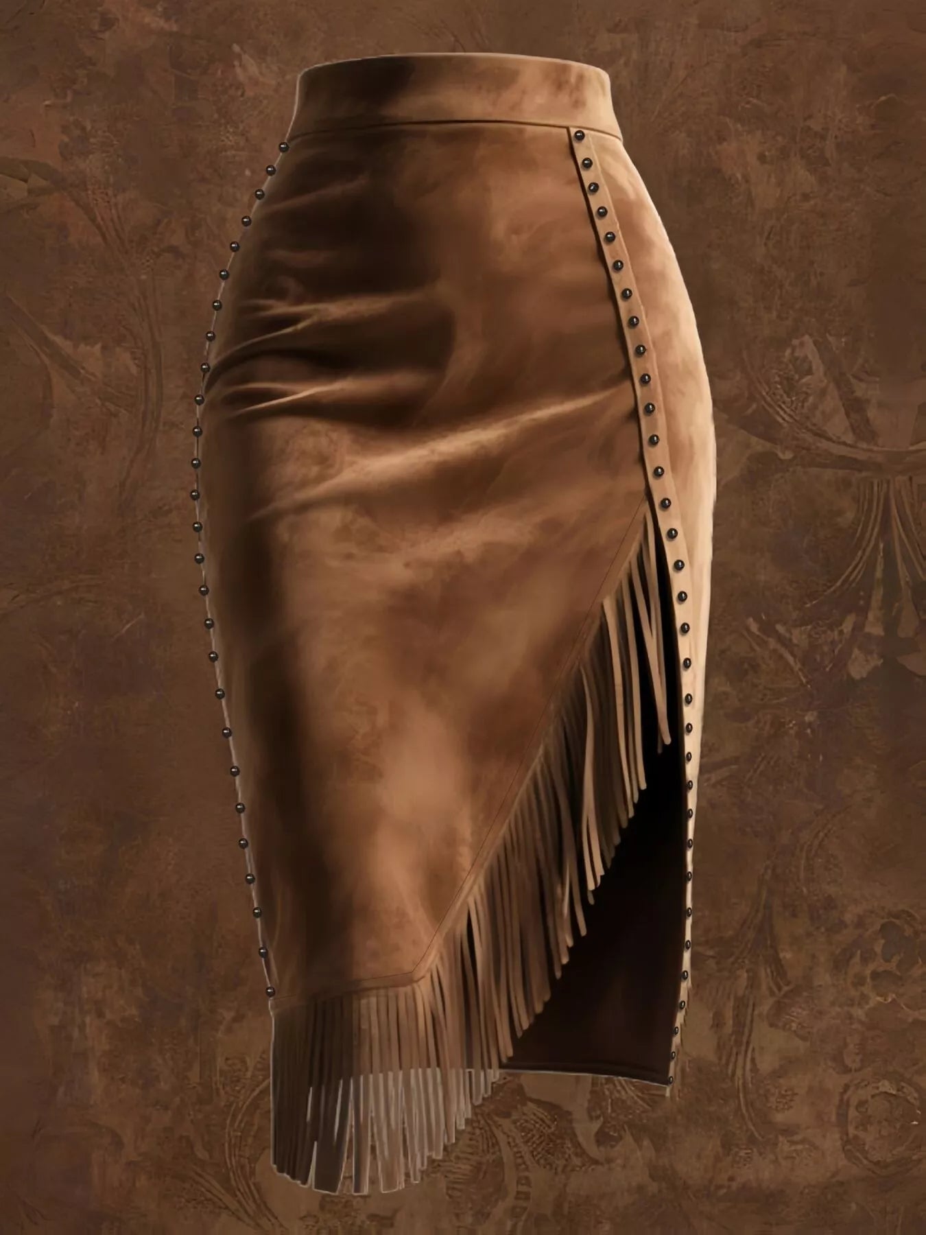 Brown leather skirt with fringe and studs on a textured brown background